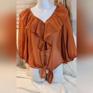 Mine Summer Lightweight Ruffle Blouse Top on Orange Spice sz L